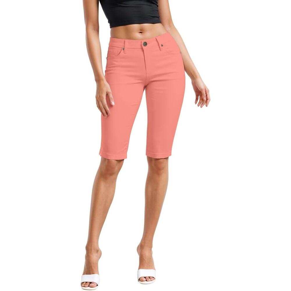 Hybrid & Company Women Mid Rise Butt Lift Bermuda Shorts Stretch Coral Size 9